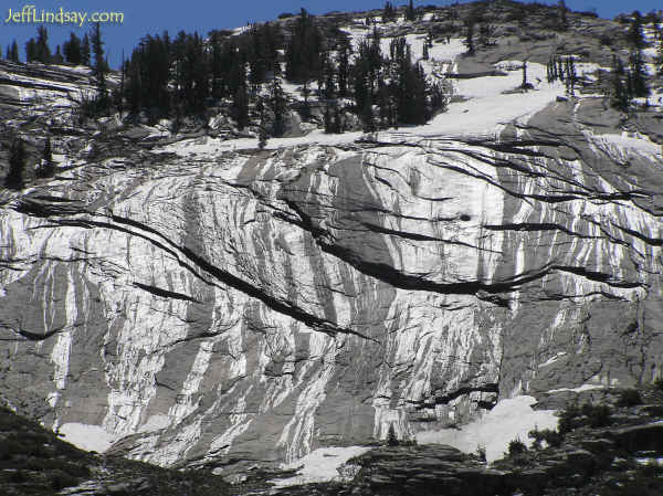 Water from melting snow running down a granite cliff at Yosemite National Park, June 29, 2005