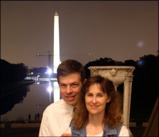 Jeff and Kendra at the Lincoln Memorial, overlooking the Washington Monument at night, June 15, 2003.