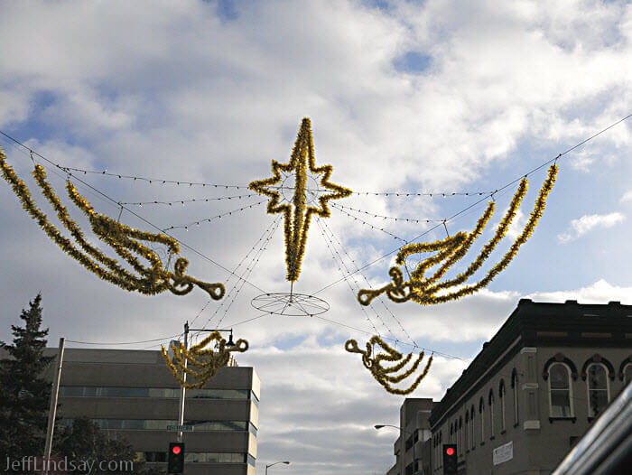 Some of the famous angels that watch over downtown Appleton in the winter. Christmas? Who said anything about that? These are <i>secular</i> angels whose trumpets announce the birth of, uh, some Hollywood celebrity, maybe Elvis reincarnated. Sure, we're politically correct. Why do you ask?