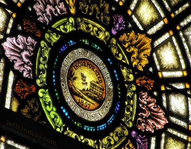 A stained glass window in Lawrene Chapel celebrating the founding of the city of Appleton.