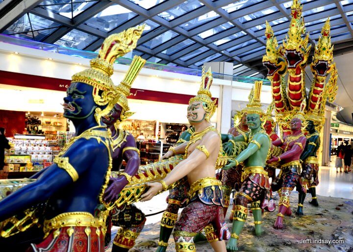 Thai mythology depicted in a dramatic sculpture at the Bangkok airport