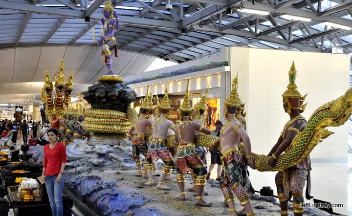 Thai mythology depicted in a dramatic sculpture at the Bangkok airport