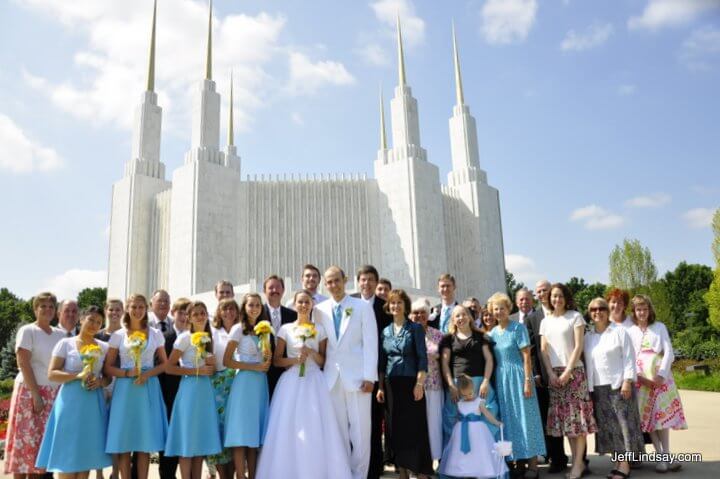 The couple and family in front of the LDS (Mormon) Washington, D.C. Temple