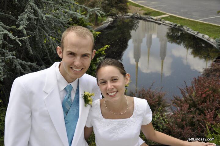 Daniel and Jenn by a reflecting pool near the Mormon temple in Washington, D.C., where they were married.