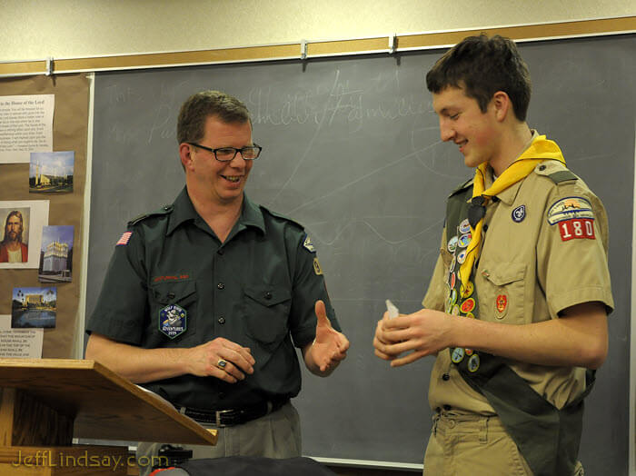 Mark receives another merit badge at a court of honor for Troop 180, LDS Church in Neenah.