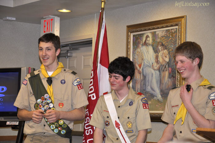 Mark and other young men at a Boy Souts court of honor on Jan. 13, 2010, where Mark received the final merit badges required as part of his Eagle Scout award.