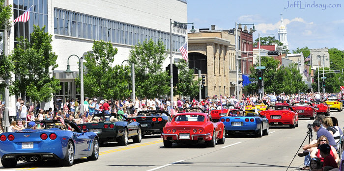 Corvettes crowding the street and pleasing the crowd on College Avenue, Appleton, for the June 13, 2009 Flag Day Parade.