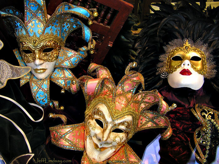 Masquerade masks on sale in the old city of Barcelona, Spain, March 2008.