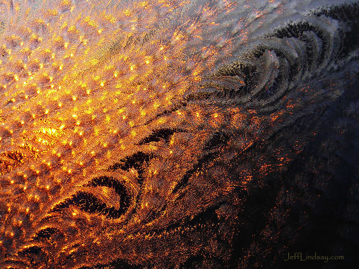 During sunset, looking at the sun through a window of ours coated with hoar frost.