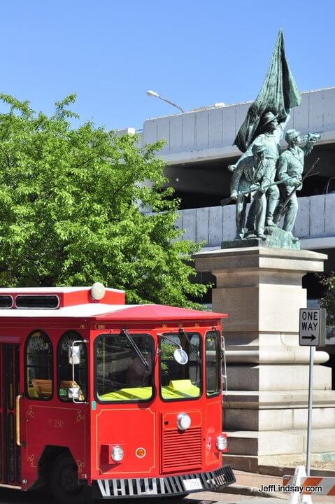 The famous red shuttle bus provided by Lamers in downtown Appleton, captured June 13, 2009.