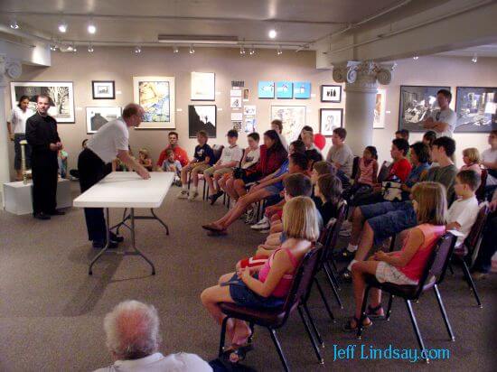 Michael Ammar and Nate Nygren teach a free class for young magicians in the Appleton Art Center.