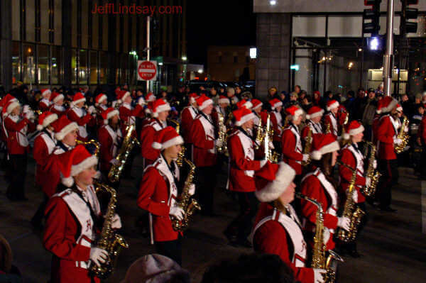 Participation in a long, cold parade is one of the many benefits of being in a school band. Actually, when the temperature is tolerable (it was tonight), it might be pretty fun.