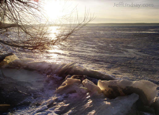 Lake Winnebago, frozen over, January 2005, as viewed from the north end near Appleton. The tracks are from snowmobiles and vehicles.