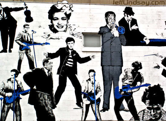A fine but rarely seen mural on the back of Heid's Music on College Avenue.