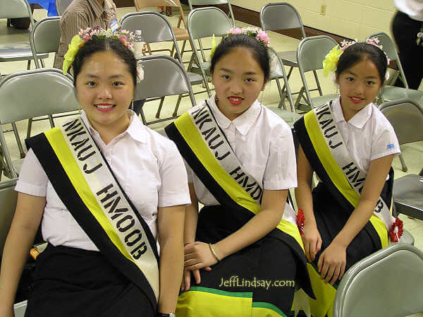 Three girls from the dancing group, Nkauj Hmoob (Hmong Songs), at the National Lao-Hmong Recognition Day Festival in Oshkosh, July 23, 2005.