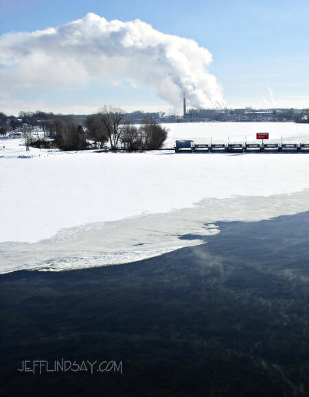 Near Appleton, this is a view of the Fox River from the Highway N bridge in Combined Locks, showing steam rising from some paper mills and water vapor rising from the icy river itself.