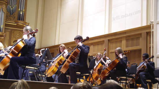 Cellists at a Youth Symphony performance in Lawrence Chapel, Nov. 7, 2004.