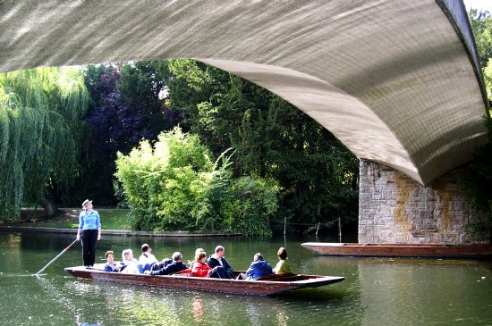 A group being given a tour of the Cam River by a professional punter.