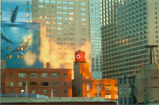 While in Chicago in May 2003 to give a paper at a conference, I found an interesting scene in which the light of setting sun was reflected by the windows of a tall building against the buildings and water tower shown here.