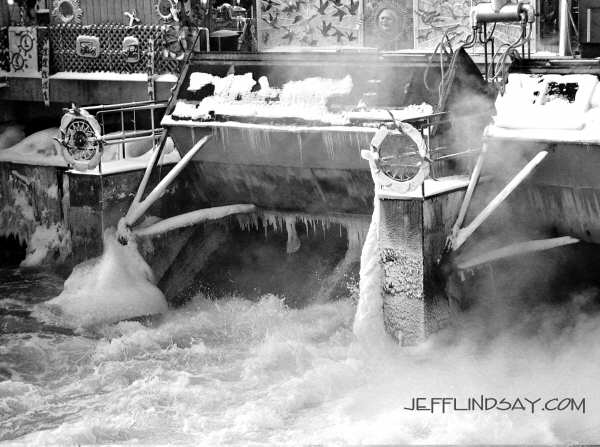 A dam on the Fox River in Appleton, Wisconsin during winter.