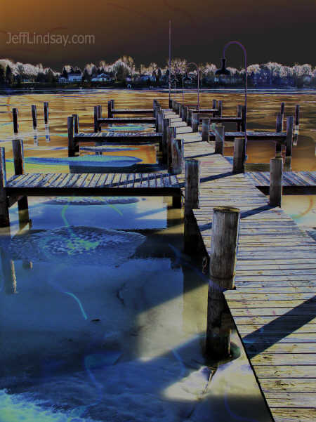 A dock in Appleton on Little Lake Butte des Morts, with some modified colors for a strange effect.