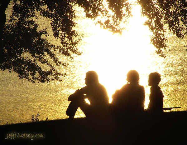 Friends overlooking Lake Winnebago at sunset (High Cliff State Park, Wisconsin, July 29, 2005.