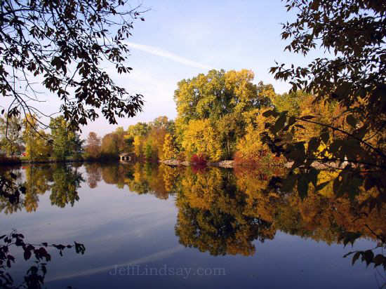 Photograph of the little lake in front of the Kimberly-Clark West Office Building in Neenah at 2100 Winchester Road, on a still October morning, 2003.