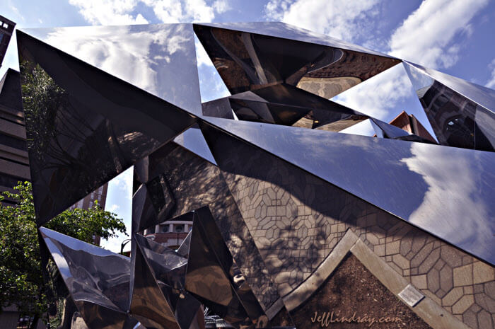 Abstract from a reflective sculpture at the large convention center in downtown St. Louis, Missouri, June 2009.