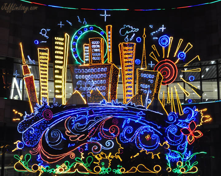 Neon lights at the entrance of a shopping center in an industrial park in Suzhou.