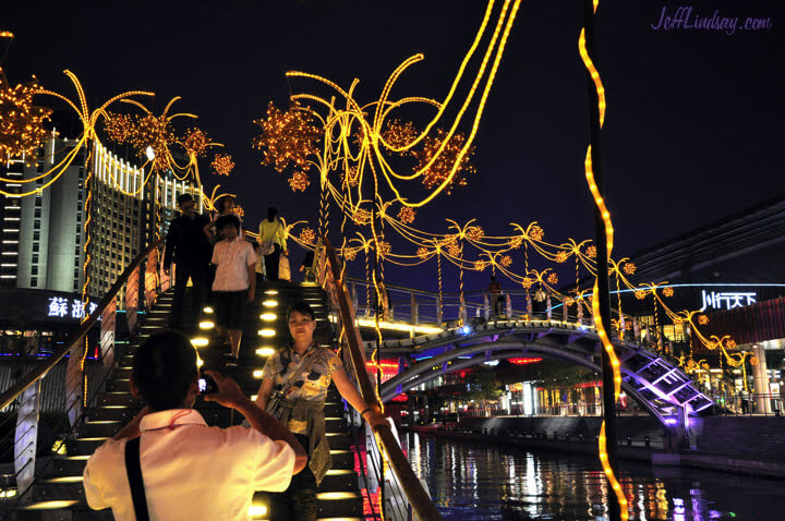 Stairway over a canal in an industrial park in Suzhou, China.