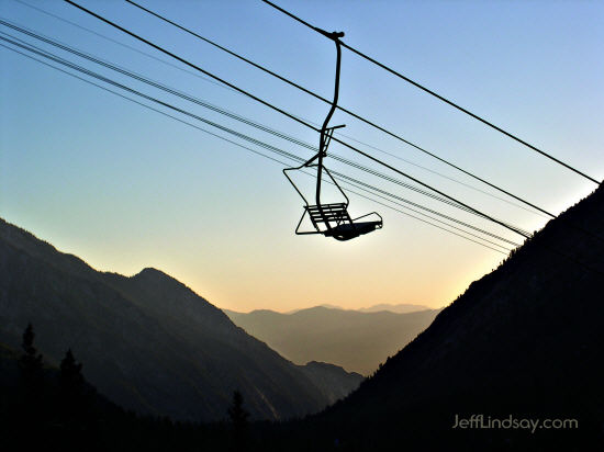 A lonely ski lift in the Utah Rockies (Wasatch Mountains) above Snowbird in Little Cottonwood Canyon near Salt Lake City, July 2004.