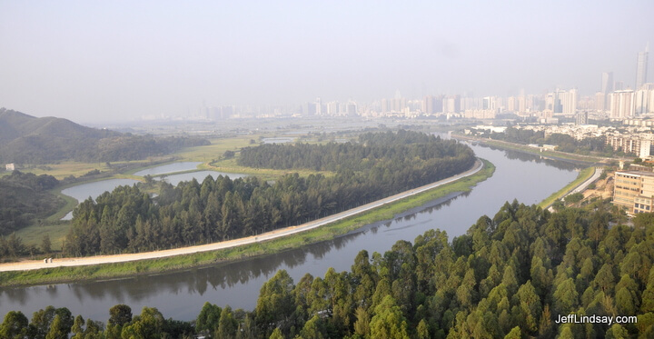 The border between Hong Kong and Shenzhen, China, as viewed from a Shenzhen hotel, a Best Western near the border corssing.