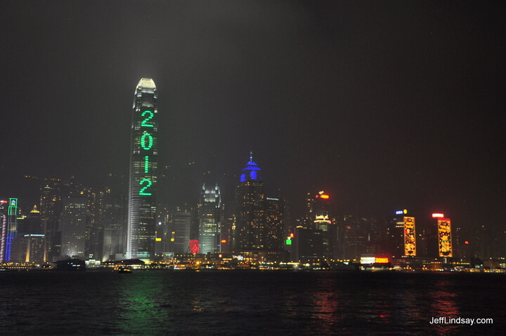 A view of Hong Kong shoreline at night.
