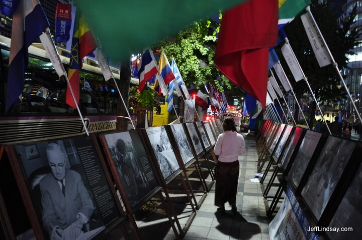 In Seoul, Kendra walks through a downtown memorial to the US soldiers who fought for Korea in the Korean War. My father was among those who fought in Korea.