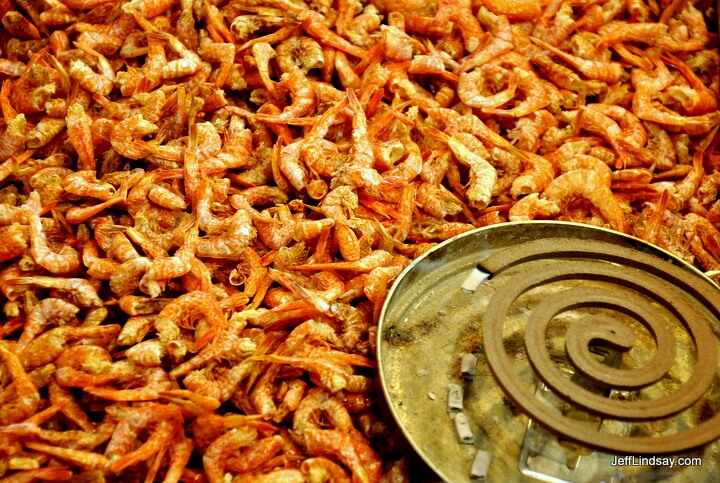 Shrimp and an insect repelling smoke coil at the Jambu Fish Market in Seoul, Oct. 2011.
