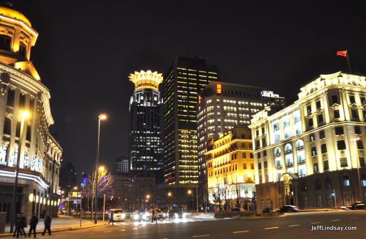 Night view of the Bund showing the famous Bund Center, where I work. 