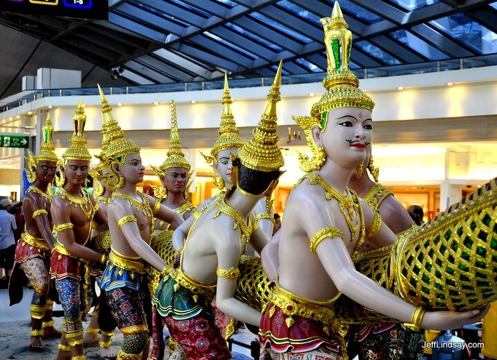 Thai mythology depicted in a dramatic sculpture at the Bangkok airport