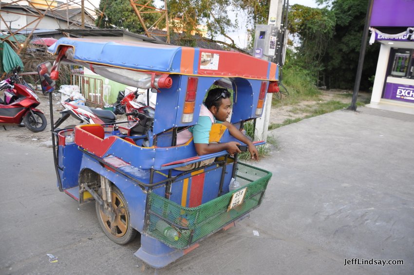 The tuk-tuk is a three-wheeled transportion system powered by a motorcyle. Cheap, convenient, but not very safe.
