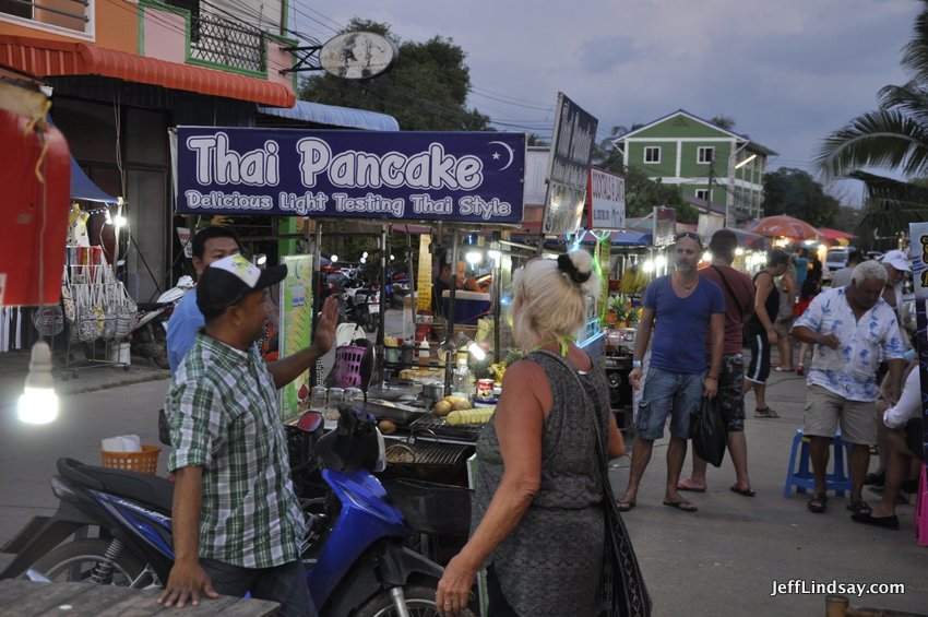 Street food includes tasty Thai pancakes.