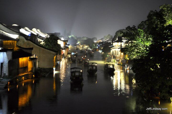 The beautiful ancient water town of Wuzhen, near Suzhou. A view of the main canal at night, June 2011.