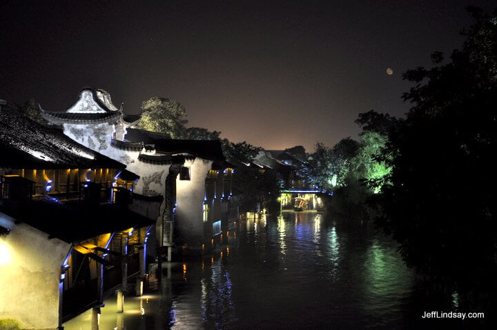 The beautiful ancient water town of Wuzhen, near Suzhou. A view of the main canal at night, June 2011.