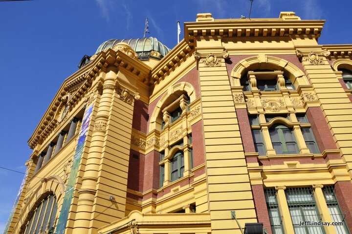 Melbourne, Australia, Flinders Street Station, but at an angle that minimizes the cable car wires that normally hinder the view. No Photoshopping applied.