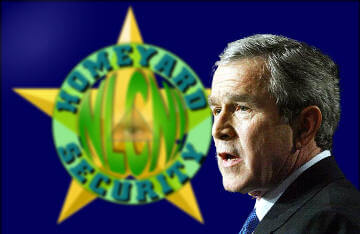 George W. Bush in front of the HomeYard Security logo