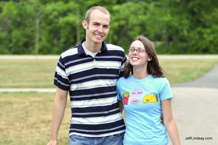 Newlyweds, relaxed on a walk in Menasha, Wisconsin, shortly after the wedding.