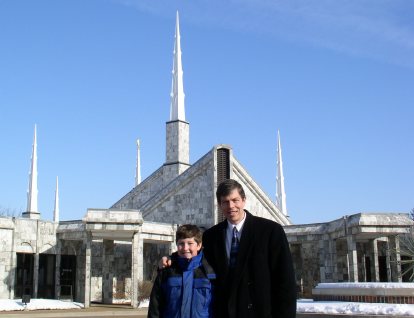 Jeff and Mark (age 12) at the Chicago Temple for the Church of Jesus Christ of Latter-day Saints, Feb. 14, 2004