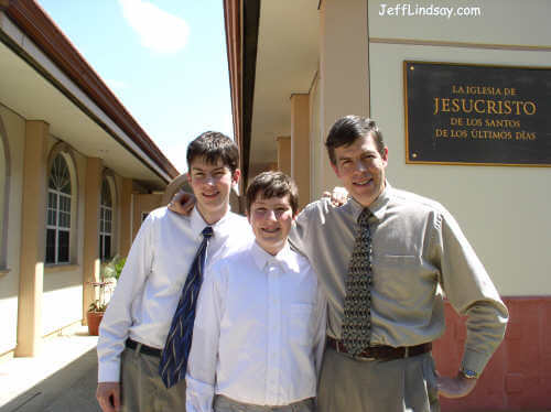Mark, Benjamin, and Jeff in front of the meeting house of the Antequera Ward of the Church of Jesus Christ of Latter-day Saints in Oaxaca, Mexico. We had just gotten off the plane, checked into our hotel, and then taken a taxi just in time to catch a sacrament meeting with Barrio Antequera. March 27, 2005.