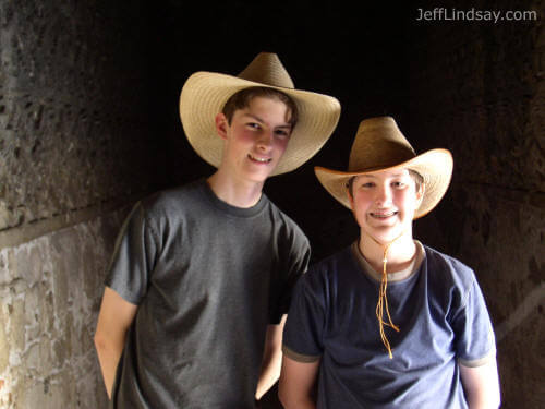 Mark and Ben standing in a side section of an ancient Zapotec temple at Mitla, Mexico, March 29, 2005.