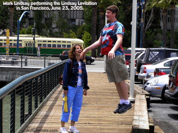 Mark Lindsay demonstrates the incredible Lindsay Levitation live in San Francisco in front of Pier 2 at the wharf, June 23, 2005.