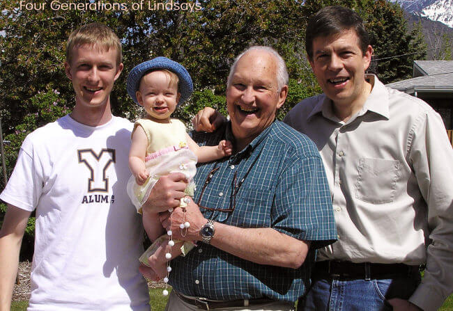 Four generation of Lindsays: my father Dean Lindsay, me, my son Stephen, and Stephen's daughter, Anna, at the Larson home in Sandy, Utah.