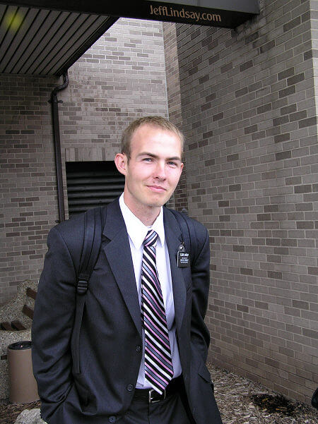 Elder Daniel Lindsay at the Outagamie County Airport in Appleton, Oct. 24, 2007, returning from two years as a Mormon Missionary in the Las Vegas West Mission. We were so glad to have him home again! 